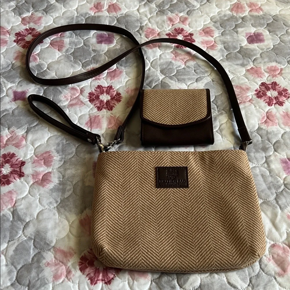 British Bag Company Tan and Brown Purse and Wallet Set Herringbone Wool NWOT
